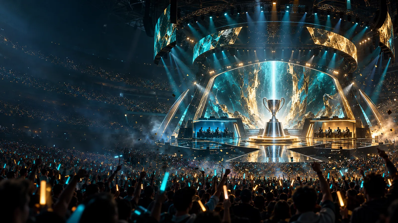 Volle Arena bei einem E-Sport-Weltmeisterschaftsfinale: Silberpokal auf einem beleuchteten Podest zwischen zwei Spielerkabinen, Fans mit Leuchtstäben